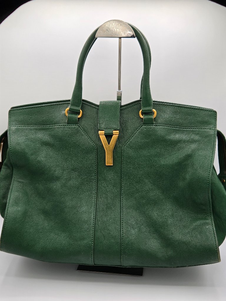 Saint Laurent Medium Cabas Chyc Tote Tartan Green Sheepskin Leather | Gold
